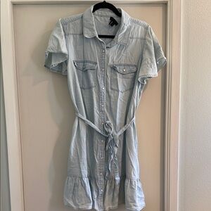 PAIGE Light Blue Denim Mini Shirt Dress with Tie Waist